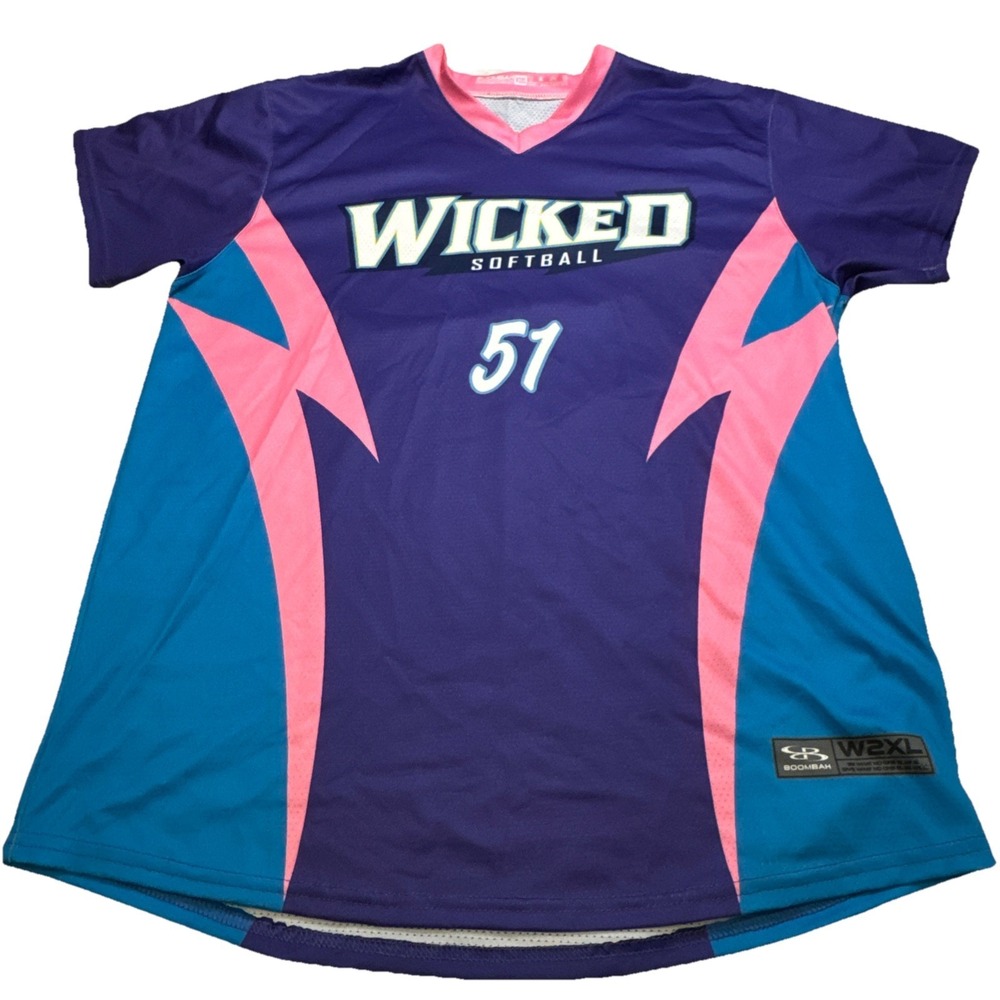 Boombah Wicked Softball Jersey Womens W2XL Purple Teal Pink Number 51‎ V-Neck